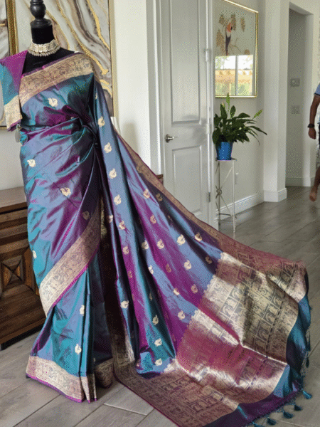 Peacock Blue & Purple Shot Color Banarasi Silk Saree with Gold Zari