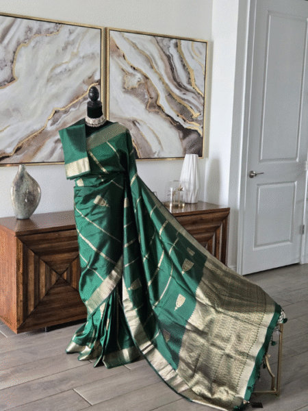 Bottle Green Katan Banarasi Silk Saree with Checked Zari Design