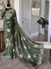 Olive Green Soft Tissue Silk Saree with Hand Embroidered Floral Zari Work