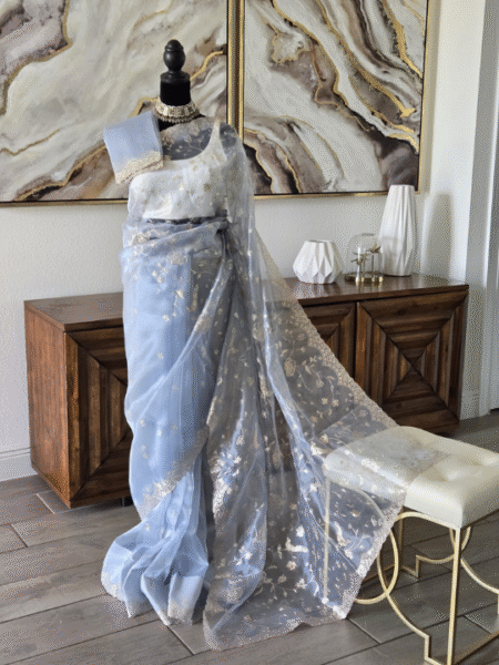 Sage Green Glass Tissue Saree with Hand Embroidered Sequins and Cut Dana Work