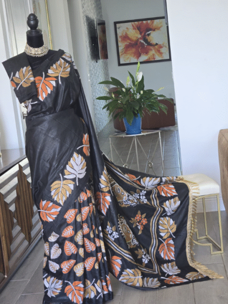 Black Kantha Saree with Intricate Leaf Embroidery in Orange and White