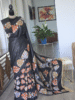 Black Kantha Saree with Intricate Leaf Embroidery in Orange and White