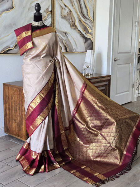 Cream & Maroon Kanjeevaram Silk Saree with Rich Gold Zari Pallu