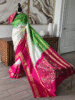 Elegant Pochampally Ikat Silk Saree in Cream, Lime Green & Rani Pink