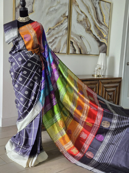 Black Behrampuri Silk Saree with Multicolor Pallu & Temple Borders